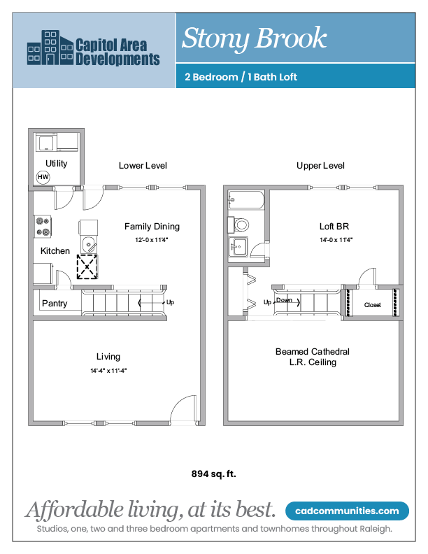 Floor plan for 1 bed, 1 bath, 894 sqft